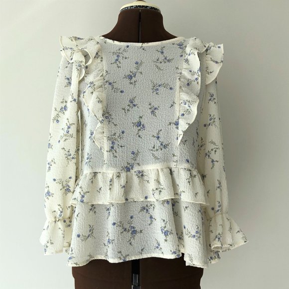 Cream with Blue Floral Ruffled blouse - Picture 1 of 6